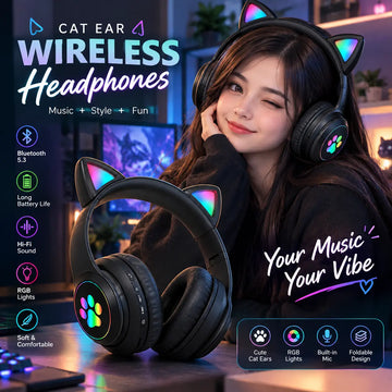 Cat Headphone STN-28 Wireless Headset, Cat Ear Bluetooth 5.1 Headphones with LED Flashing Light, Sports Noise Cancelling, TF Card, FM, 3.5mm Plug & Mic