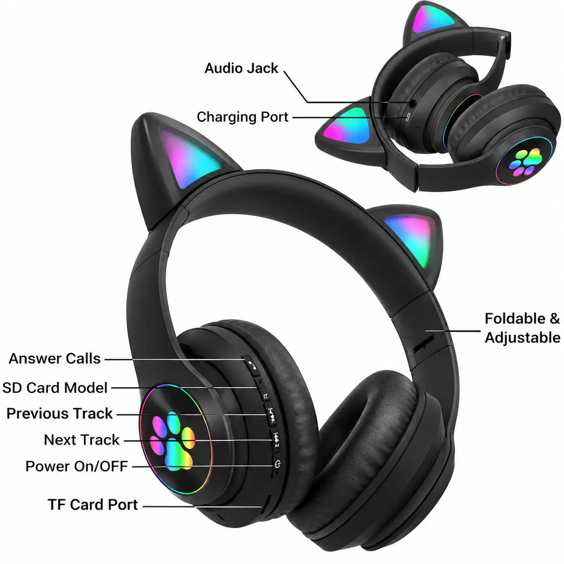 Cat Headphone STN-28 Wireless Headset, Cat Ear Bluetooth 5.1 Headphones with LED Flashing Light, Sports Noise Cancelling, TF Card, FM, 3.5mm Plug & Mic