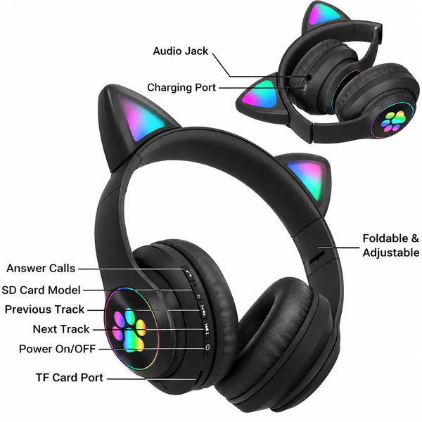 Cat Headphone STN-28 Wireless Headset, Cat Ear Bluetooth 5.1 Headphones with LED Flashing Light, Sports Noise Cancelling, TF Card, FM, 3.5mm Plug & Mic